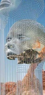 Surreal wireframe face sculpture against blue sky.