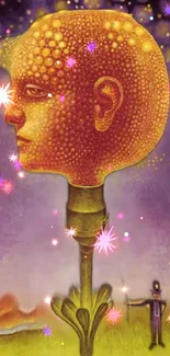 Surrealist artwork featuring a textured, glowing head on a stem with cosmic hues.