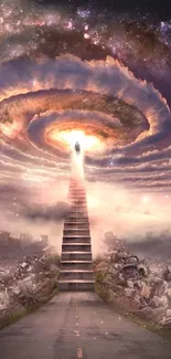 Surreal cosmic stairway amidst apocalyptic landscape wallpaper.