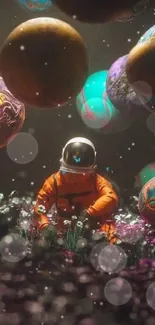 Astronaut in a surreal landscape with colorful planets.