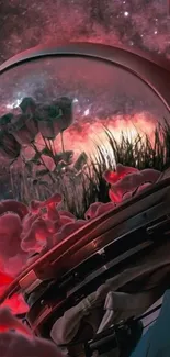 Surreal astronaut's view with roses and space.