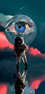 Surreal astronaut with cosmic eye floating in a dreamy, colorful space scene.