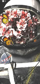 Astronaut with flowers and butterflies in helmet, surreal space art.