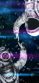 Surreal astronaut reaching out in cosmic space with neon lights.