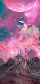 Astronaut floats in a surreal, pink-toned galaxy with mountains and clouds.