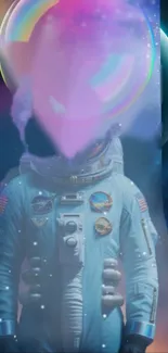 Surreal astronaut with rainbow orb in galaxy background.