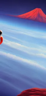 Surreal astronaut floats over dreamy clouds with a vivid red landscape backdrop.