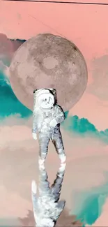 Astronaut standing with a pink moon and teal clouds in the background.