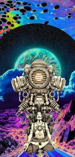 Surreal astronaut meditation artwork with vibrant cosmic background.