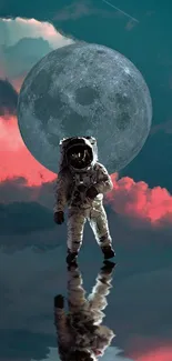 Astronaut reflected under a moonlit sky with vibrant red and teal clouds.