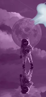 Astronaut walks under a full moon with surreal purple hues.