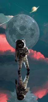 Astronaut walking on a reflective surface with a moon and space backdrop.