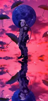 Astronaut with umbrellas under a pink sky.