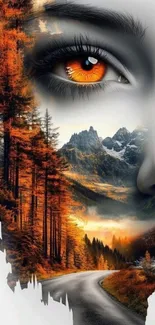 Surreal mobile wallpaper with autumn forest, orange eye, and mountain view.