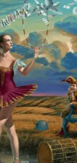 Surreal artwork of a ballerina dancing in a whimsical landscape.