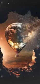 Surreal Earth-shaped balloon in cosmic landscape.