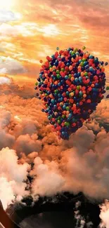 Vibrant balloons float outside an airplane window at sunset.