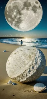 Surreal beach scene with giant moons and calm sea on a mobile wallpaper.