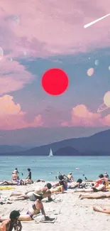 Surreal beach with planets and red sun in the sky.