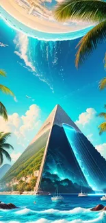 Surreal pyramid on a beach with palm trees and vibrant skies.