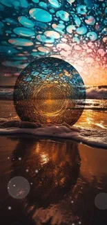 Surreal beach scene with a glowing sphere and vibrant sky.