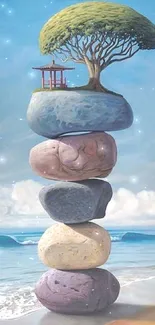 Surreal art with stacked stones and bonsai tree on beach.