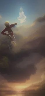 Surreal cyclist rides through ethereal clouds towards a meditative figure.