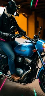 Biker with cow helmet on blue motorcycle amidst neon lights.