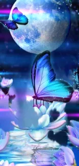 Blue butterfly with moon and flowers on a mystical wallpaper.