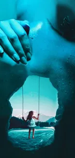 Surreal blue dreamscape with girl on a swing inside human form.