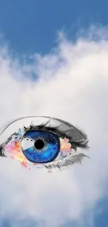 Surreal eye blends into cloudy blue sky background.