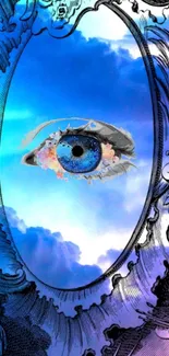 Surreal wallpaper with blue eye and dreamy sky.