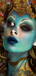 Surreal blue face art with gold accents, perfect for mobile wallpaper.