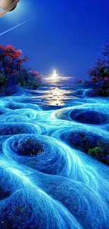 Surreal blue river with glowing moon in a vibrant fantasy landscape.