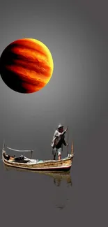 Fisherman in a boat under a vibrant, orange cosmic planet in a dark sky.