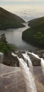 Surreal book with waterfalls cascading into cloudscape.