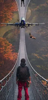 Surreal bridge with plane and autumn trees in mobile wallpaper.