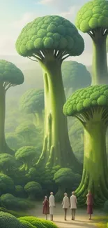 Surreal forest with broccoli-shaped trees and people exploring a lush green landscape.