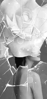 Surreal black-and-white wallpaper with floral hat and cracked glass effect.