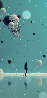 Surreal scene with floating bubbles against a teal sky on mobile wallpaper.