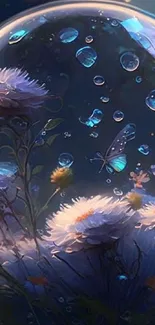 Magical scene of butterflies and flowers encased in a bubble with deep blue tones.