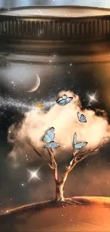 Surreal art wallpaper with butterflies inside a jar beneath a moonlit sky.