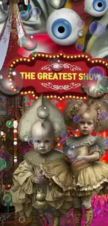 Surreal carnival wallpaper with vibrant colors and dreamlike characters