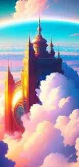 Surreal castle emerging through vibrant clouds and a radiant rainbow.