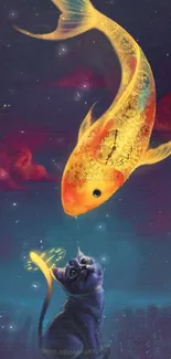 Surreal cat and glowing fish in a fantasy art wallpaper.