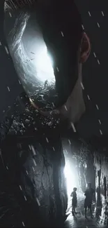 Surreal cave reflection art with dark, mysterious elements.