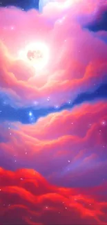 Vivid red and pink cosmic cloudscape with a glowing moon.