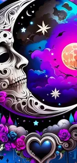 Surreal skull moon with vibrant cosmic elements in art design.