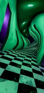Surreal checkered hallway with twisting walls and vibrant green hues.