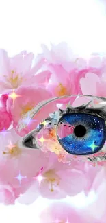 Surreal artwork of an eye within cherry blossoms.